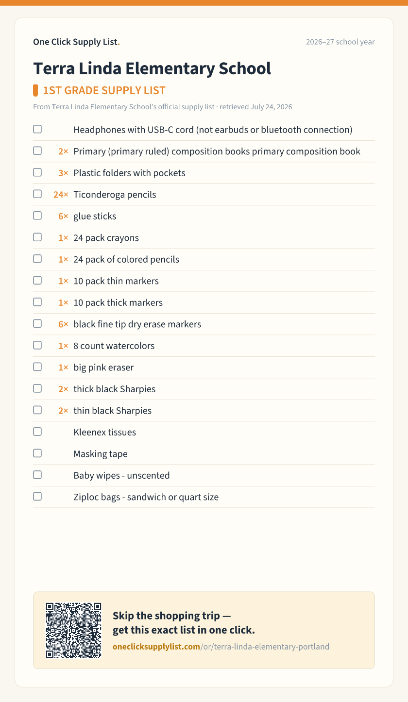 Terra Linda Elementary School 1ST GRADE SUPPLY LIST supply list — printable image