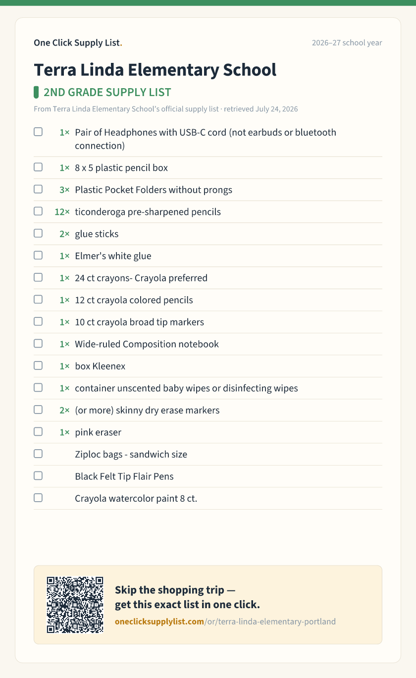 Terra Linda Elementary School 2ND GRADE SUPPLY LIST supply list — printable image