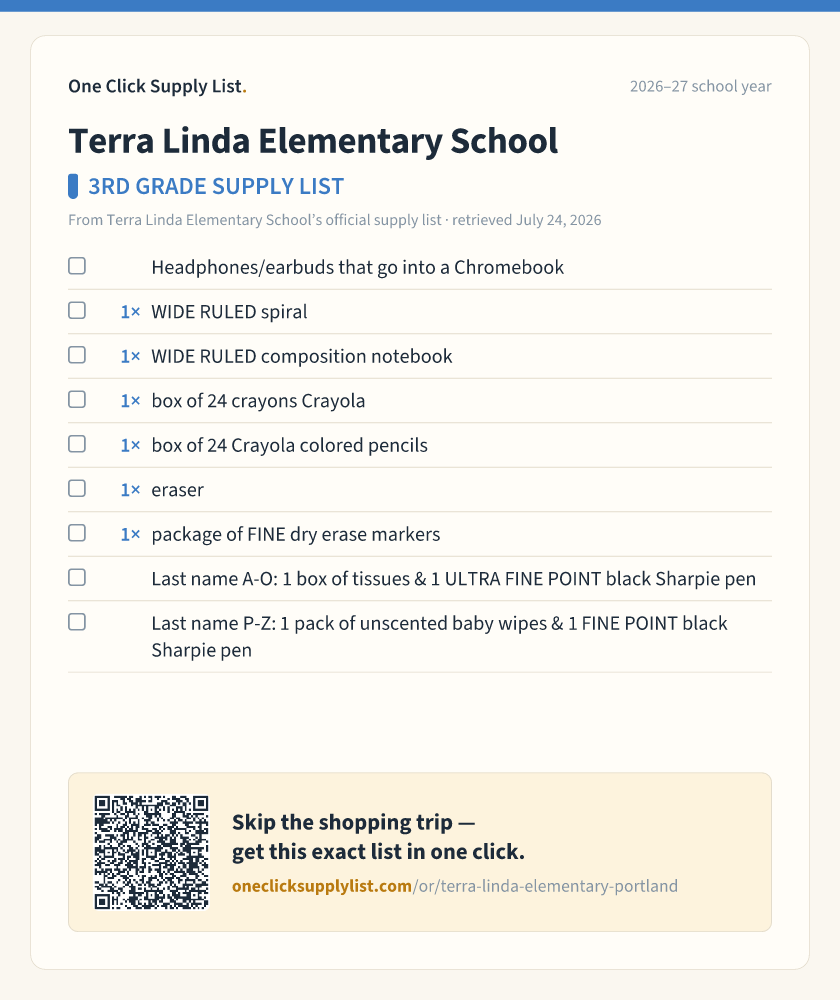 Terra Linda Elementary School 3RD GRADE SUPPLY LIST supply list — printable image