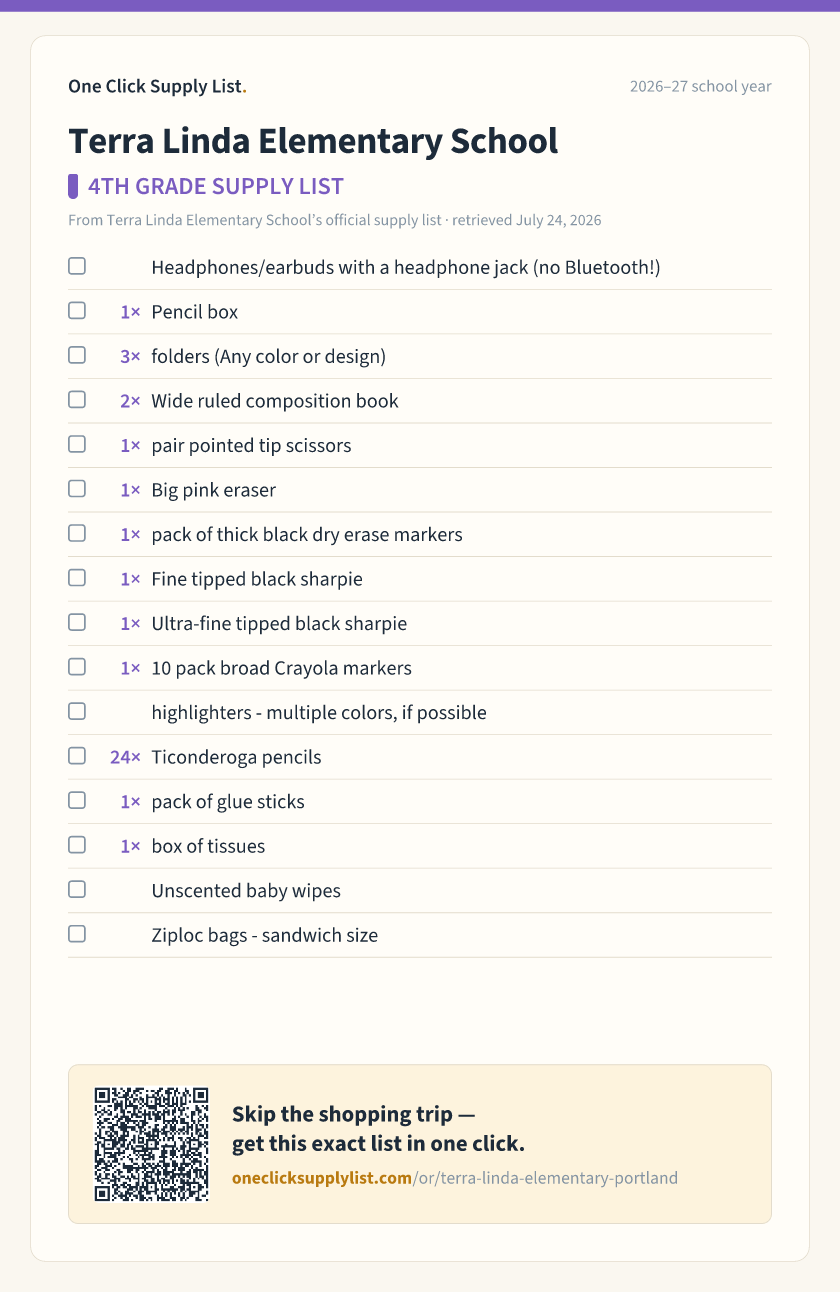Terra Linda Elementary School 4TH GRADE SUPPLY LIST supply list — printable image