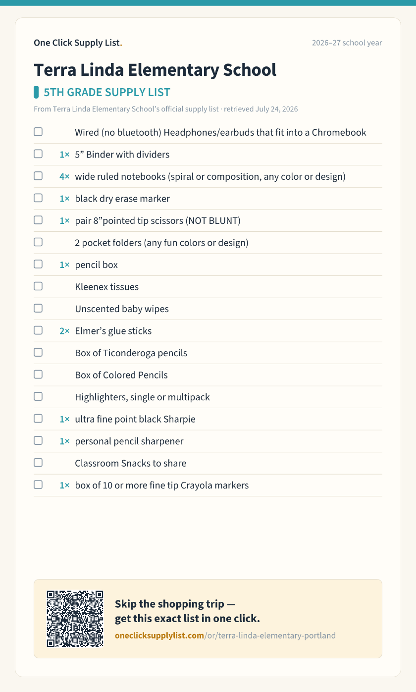 Terra Linda Elementary School 5TH GRADE SUPPLY LIST supply list — printable image