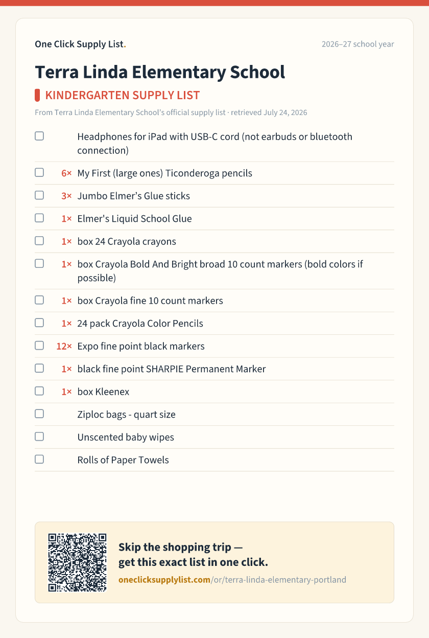 Terra Linda Elementary School KINDERGARTEN SUPPLY LIST supply list — printable image