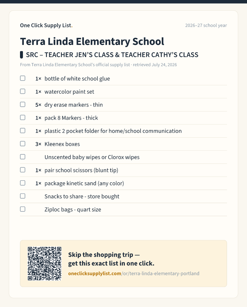 Terra Linda Elementary School SRC – TEACHER JEN’S CLASS & TEACHER CATHY’S CLASS supply list — printable image