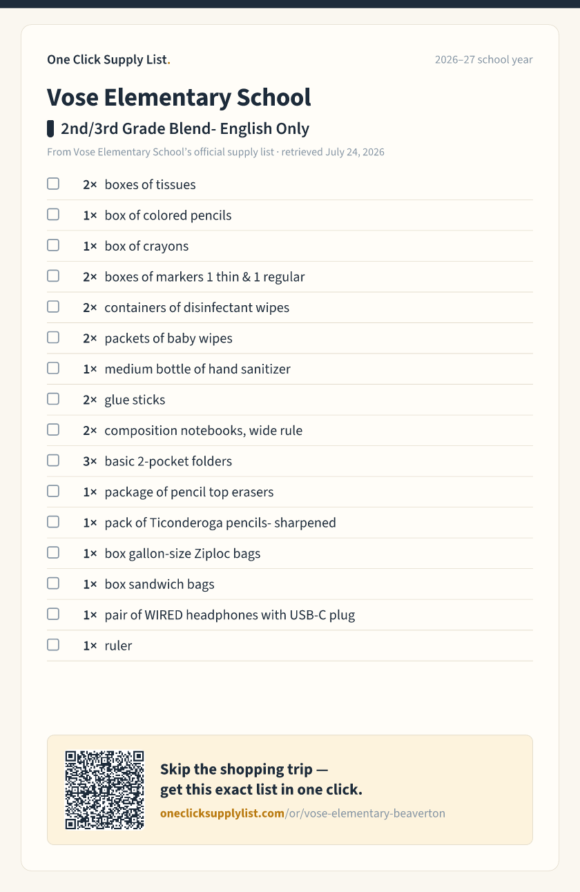 Vose Elementary School 2nd/3rd Grade Blend- English Only supply list — printable image