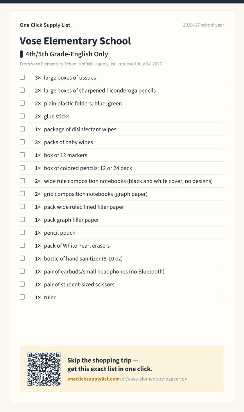 Vose Elementary School 4th/5th Grade-English Only supply list — printable image