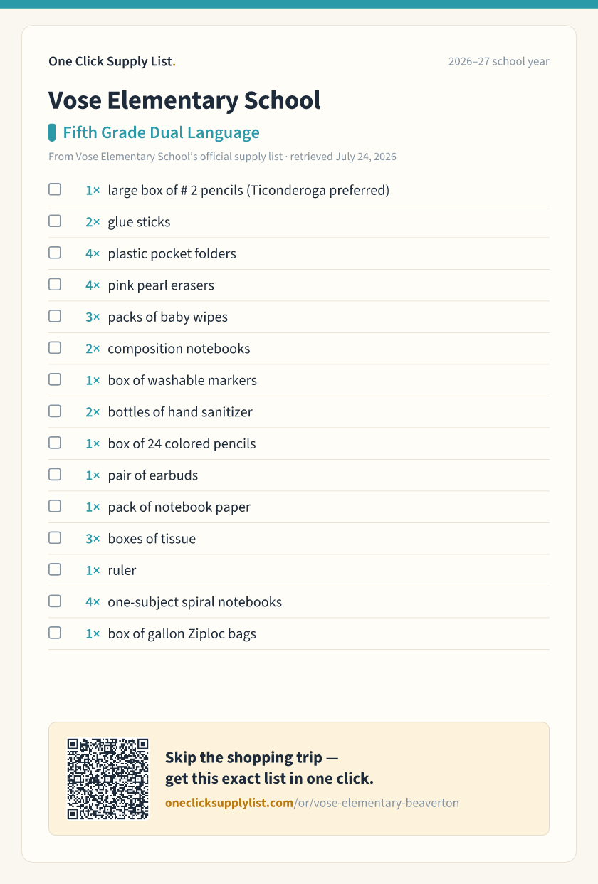 Vose Elementary School Fifth Grade Dual Language supply list — printable image