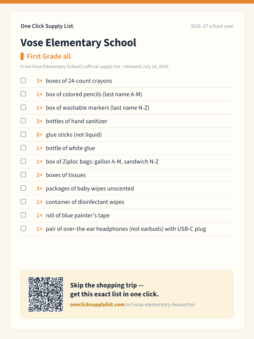 Vose Elementary School First Grade all supply list — printable image