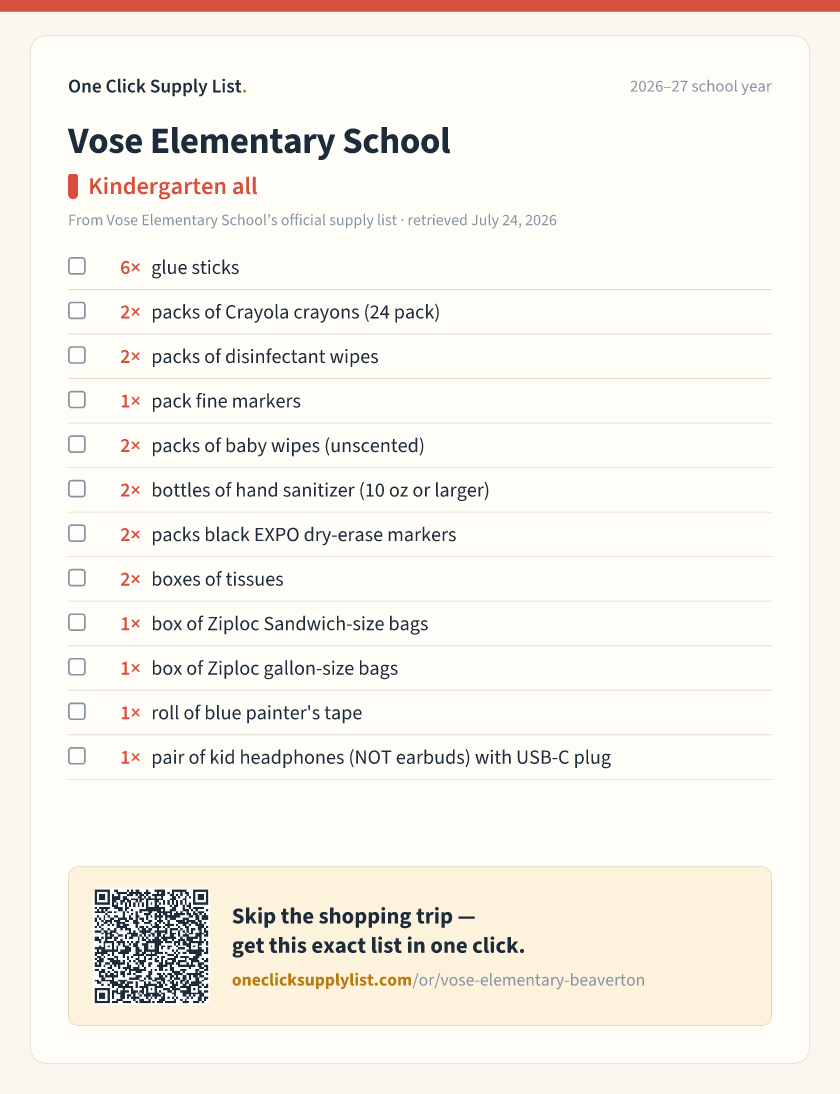 Vose Elementary School Kindergarten all supply list — printable image