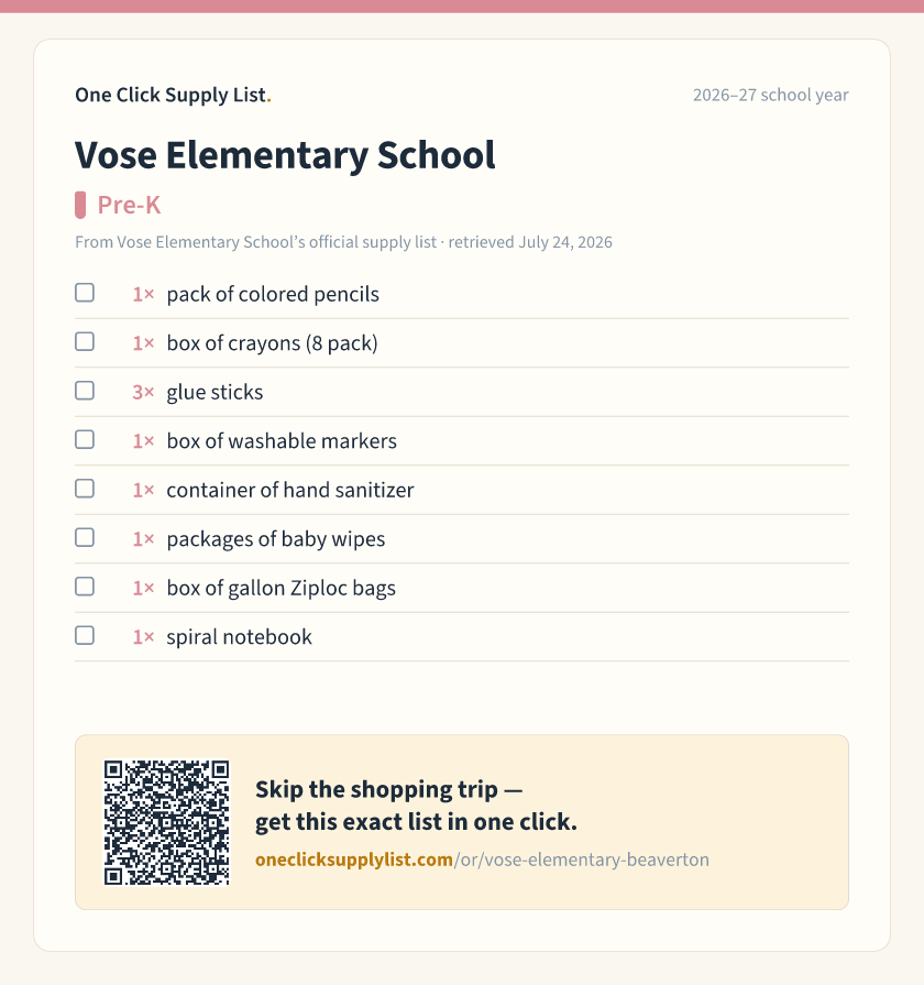 Vose Elementary School Pre-K supply list — printable image