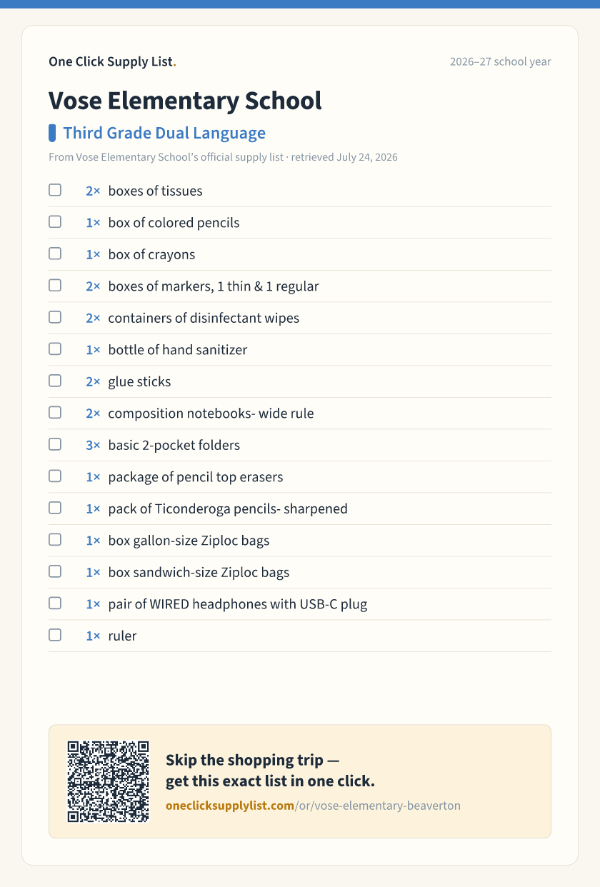 Vose Elementary School Third Grade Dual Language supply list — printable image