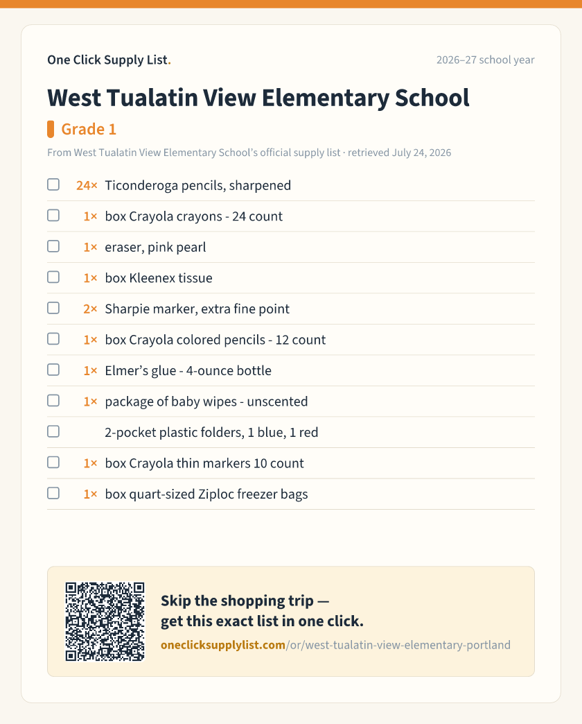 West Tualatin View Elementary School Grade 1 supply list — printable image