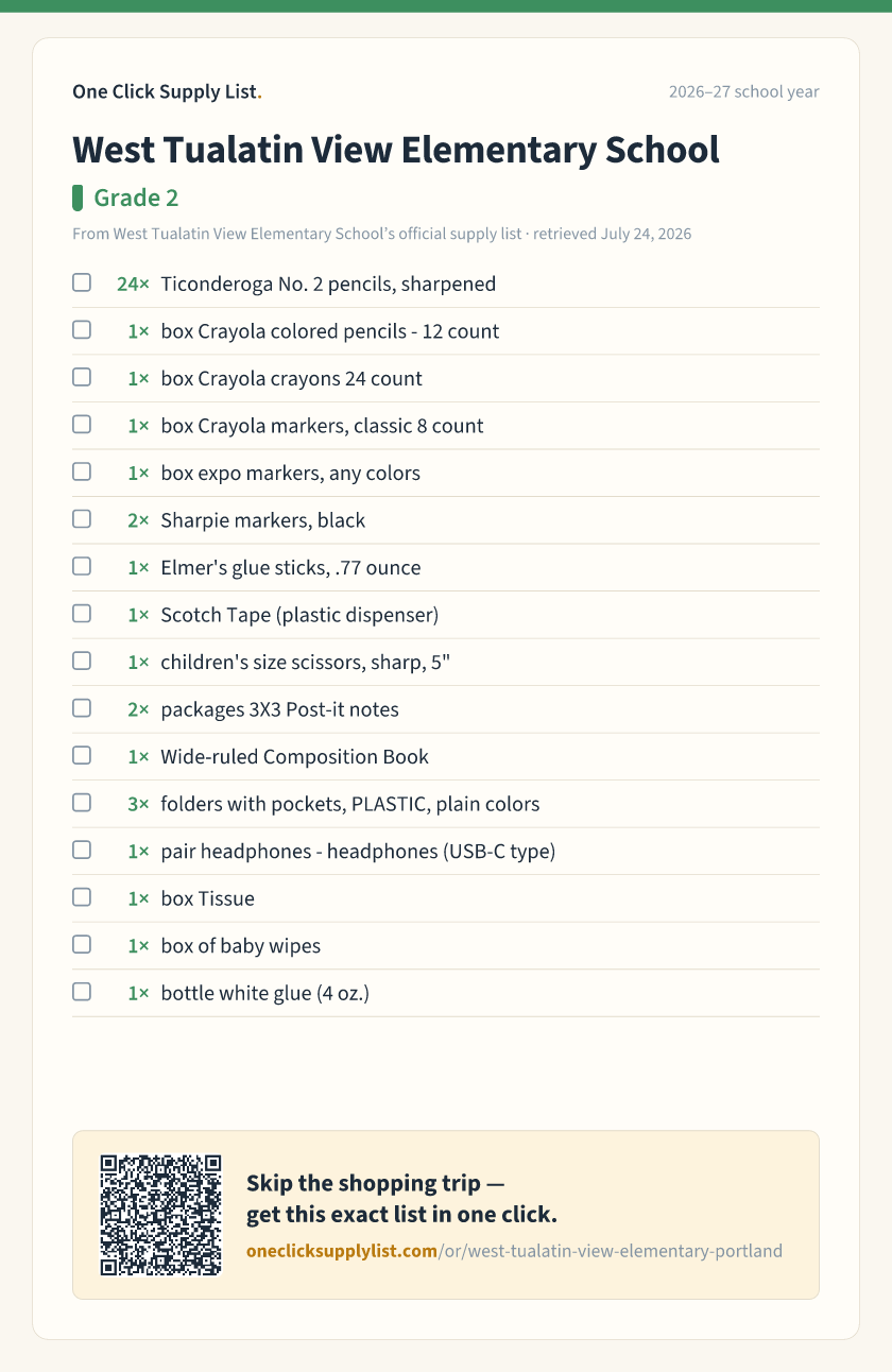 West Tualatin View Elementary School Grade 2 supply list — printable image