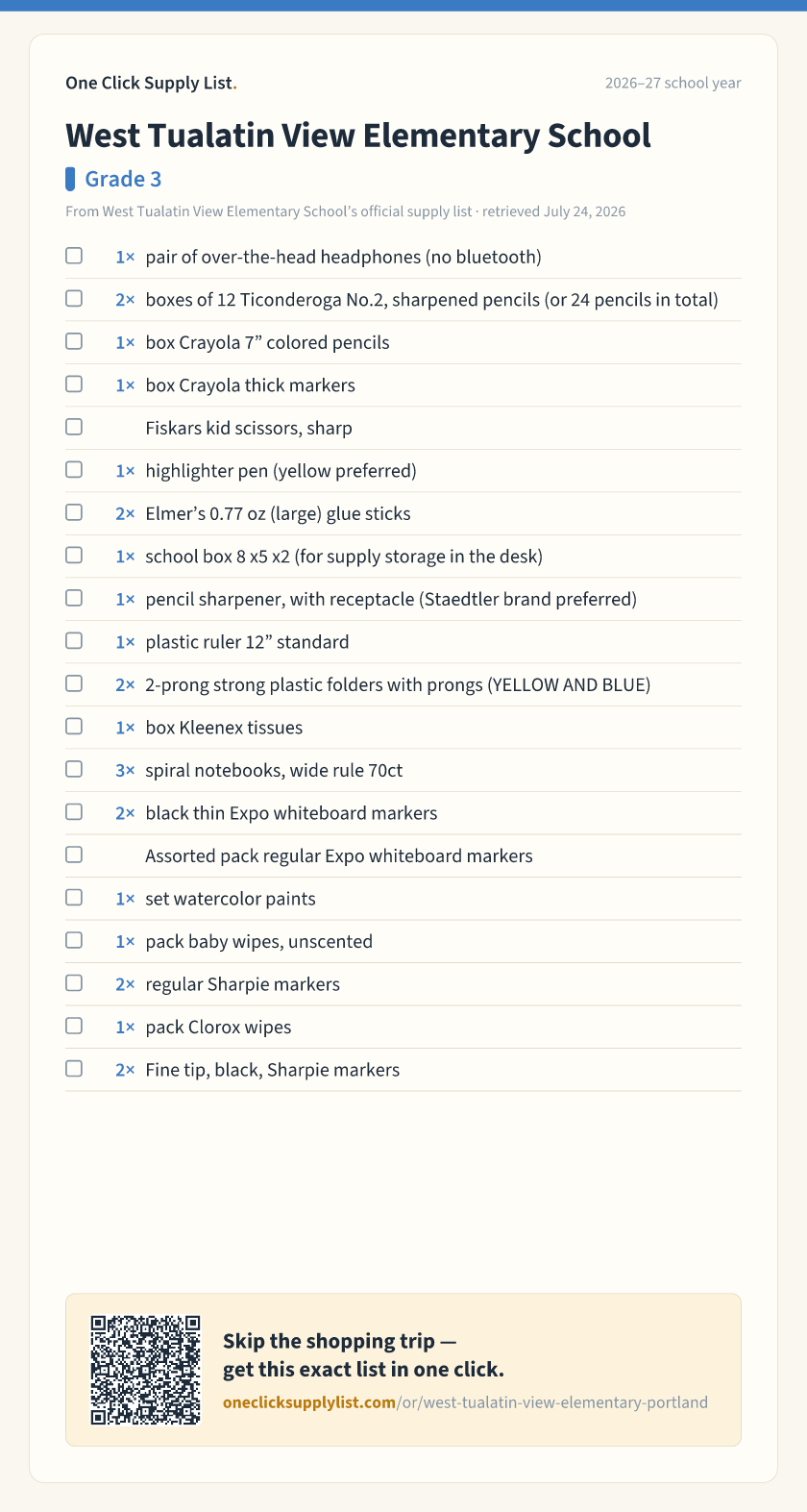West Tualatin View Elementary School Grade 3 supply list — printable image