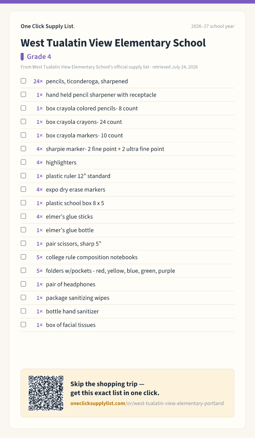 West Tualatin View Elementary School Grade 4 supply list — printable image