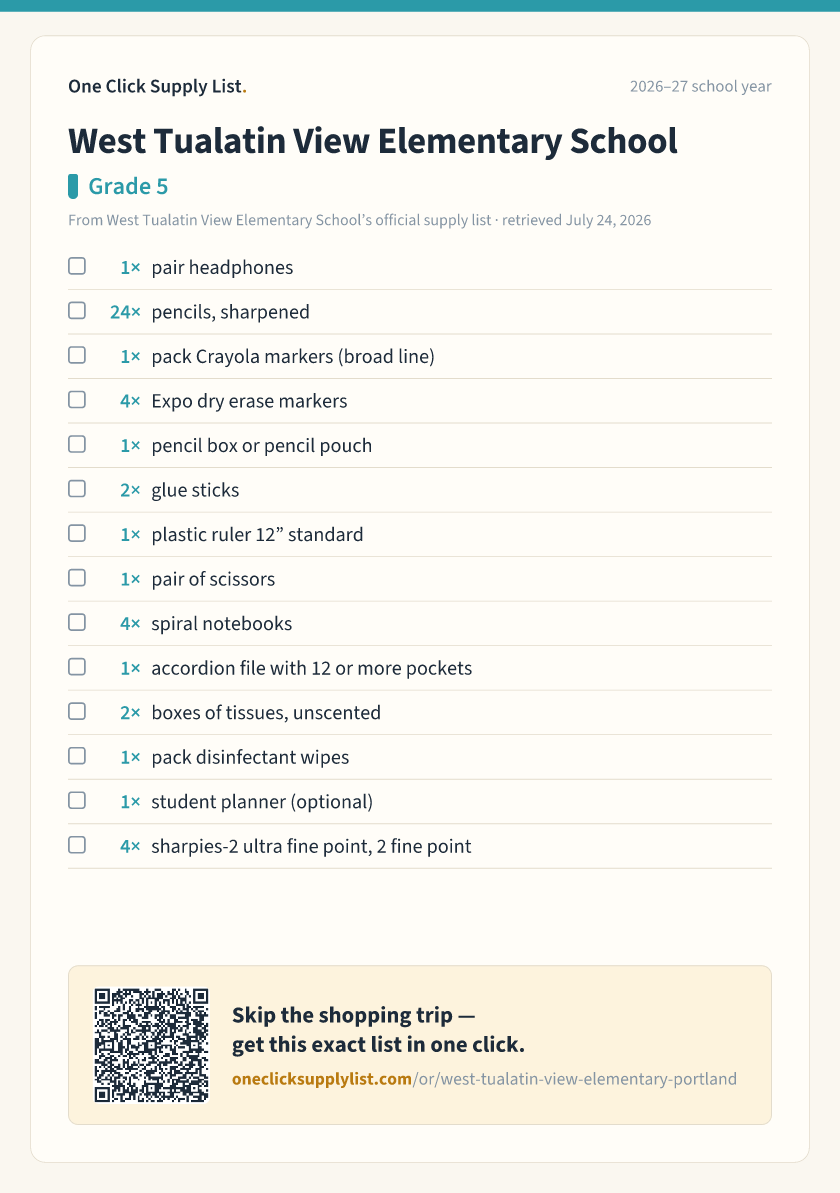 West Tualatin View Elementary School Grade 5 supply list — printable image