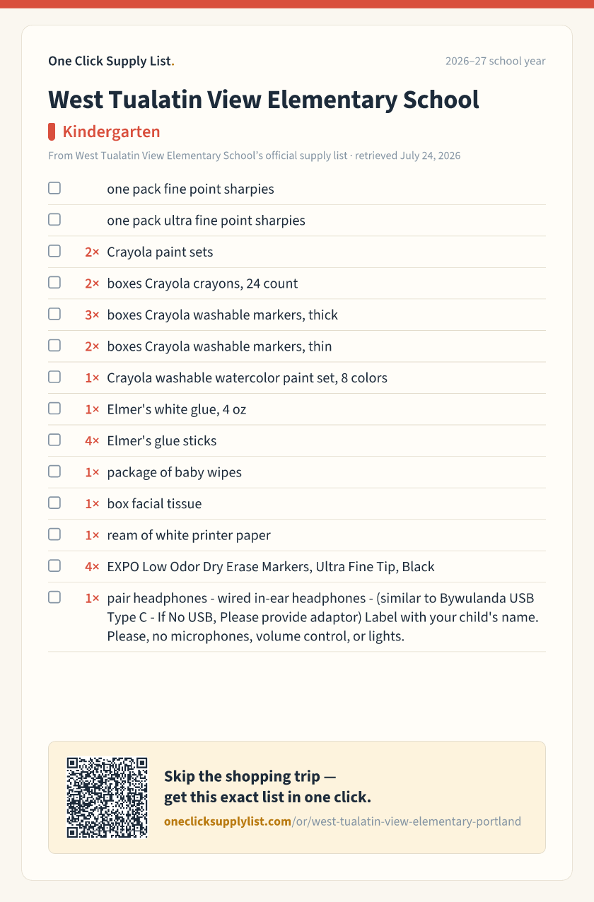 West Tualatin View Elementary School Kindergarten supply list — printable image