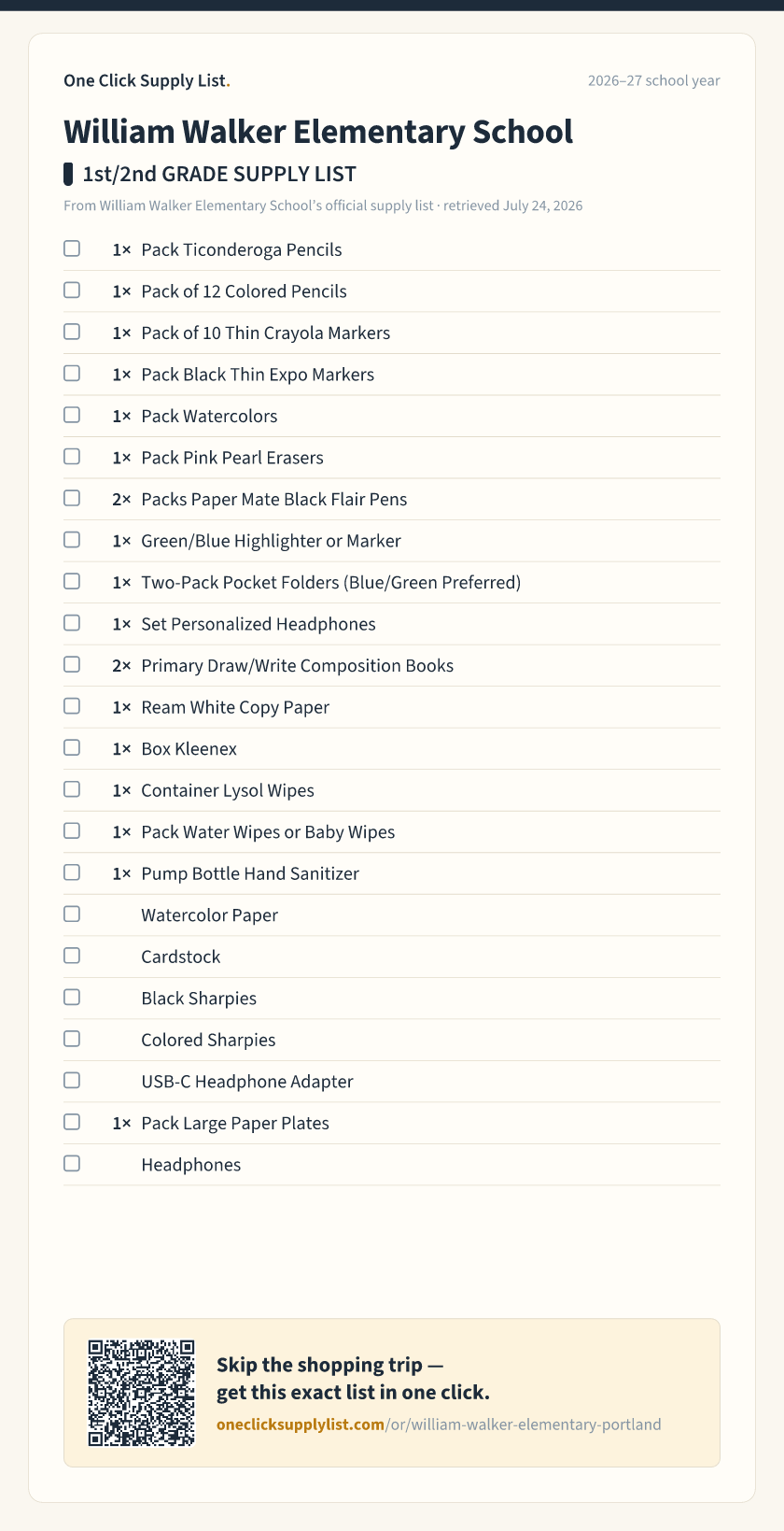 William Walker Elementary School 1st/2nd GRADE SUPPLY LIST supply list — printable image