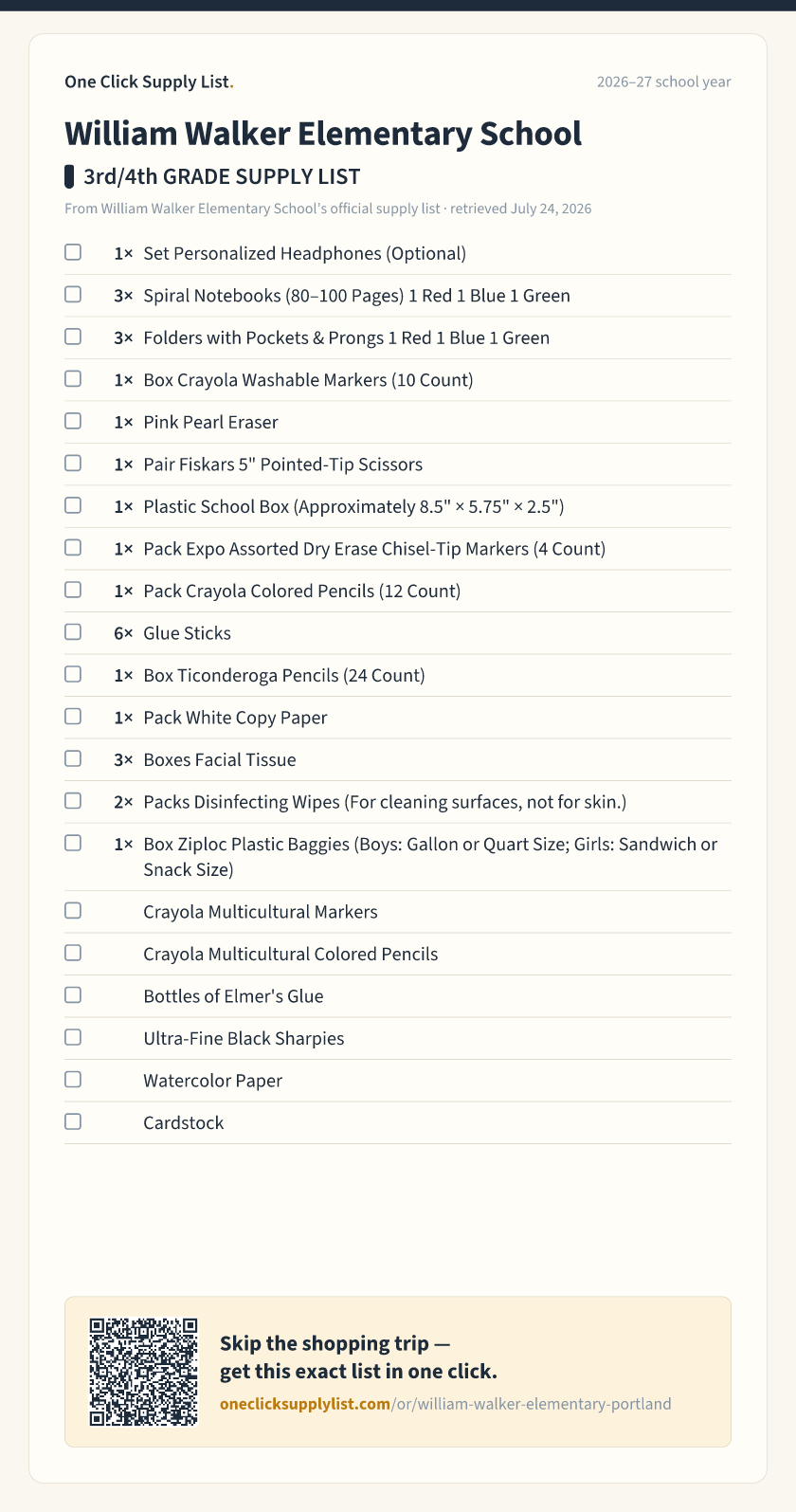 William Walker Elementary School 3rd/4th GRADE SUPPLY LIST supply list — printable image