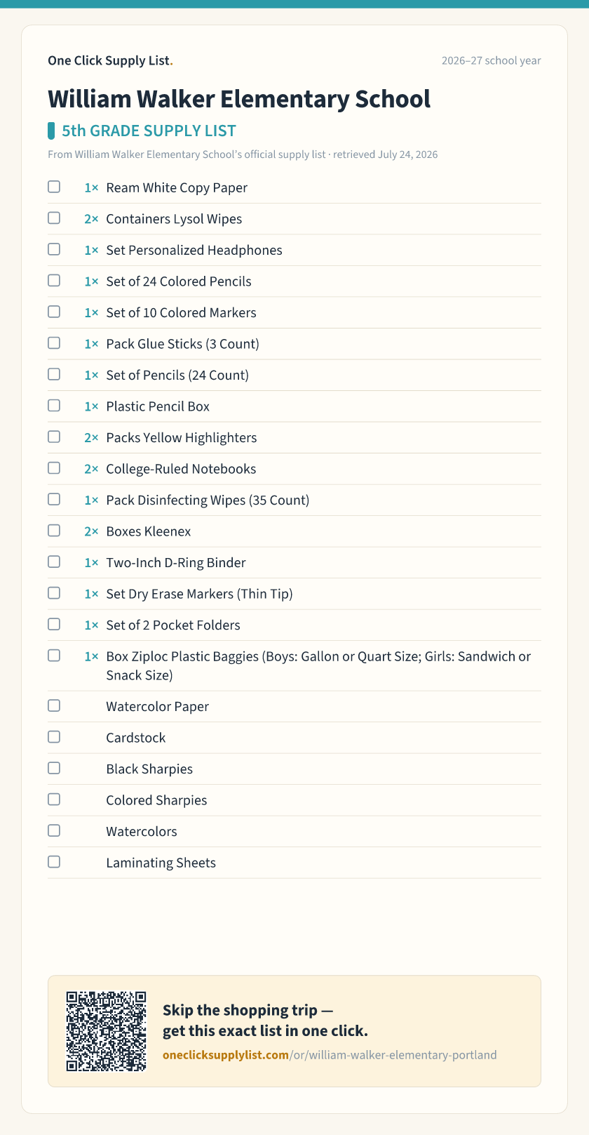 William Walker Elementary School 5th GRADE SUPPLY LIST supply list — printable image