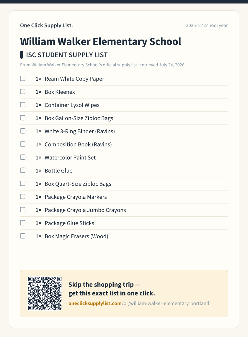 William Walker Elementary School ISC STUDENT SUPPLY LIST supply list — printable image