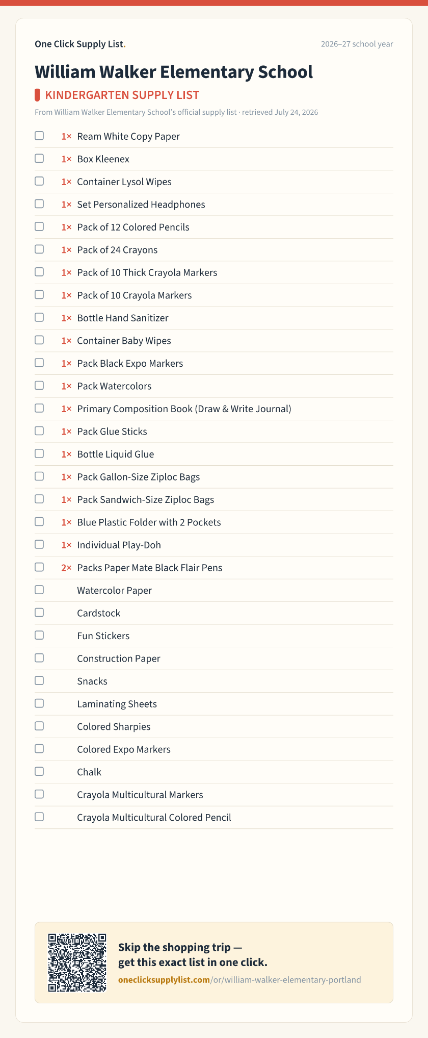 William Walker Elementary School KINDERGARTEN SUPPLY LIST supply list — printable image