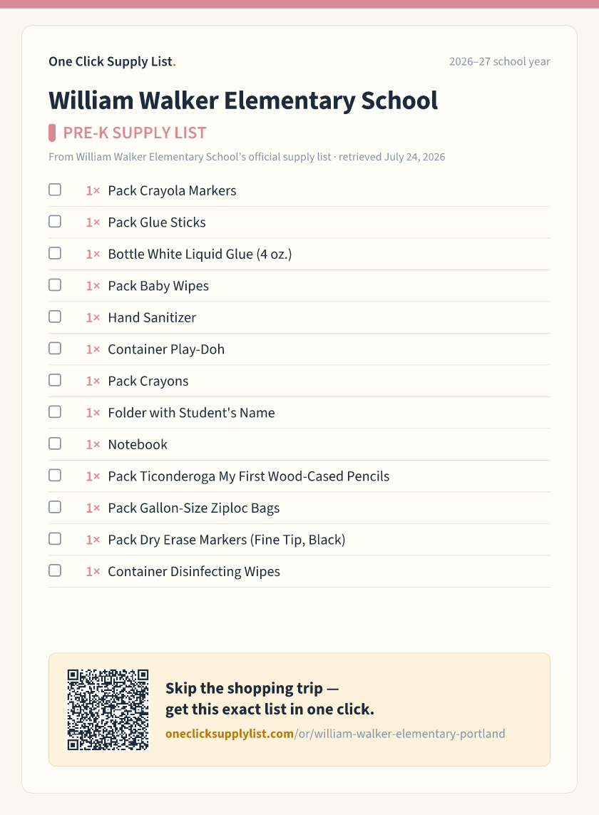 William Walker Elementary School PRE-K SUPPLY LIST supply list — printable image