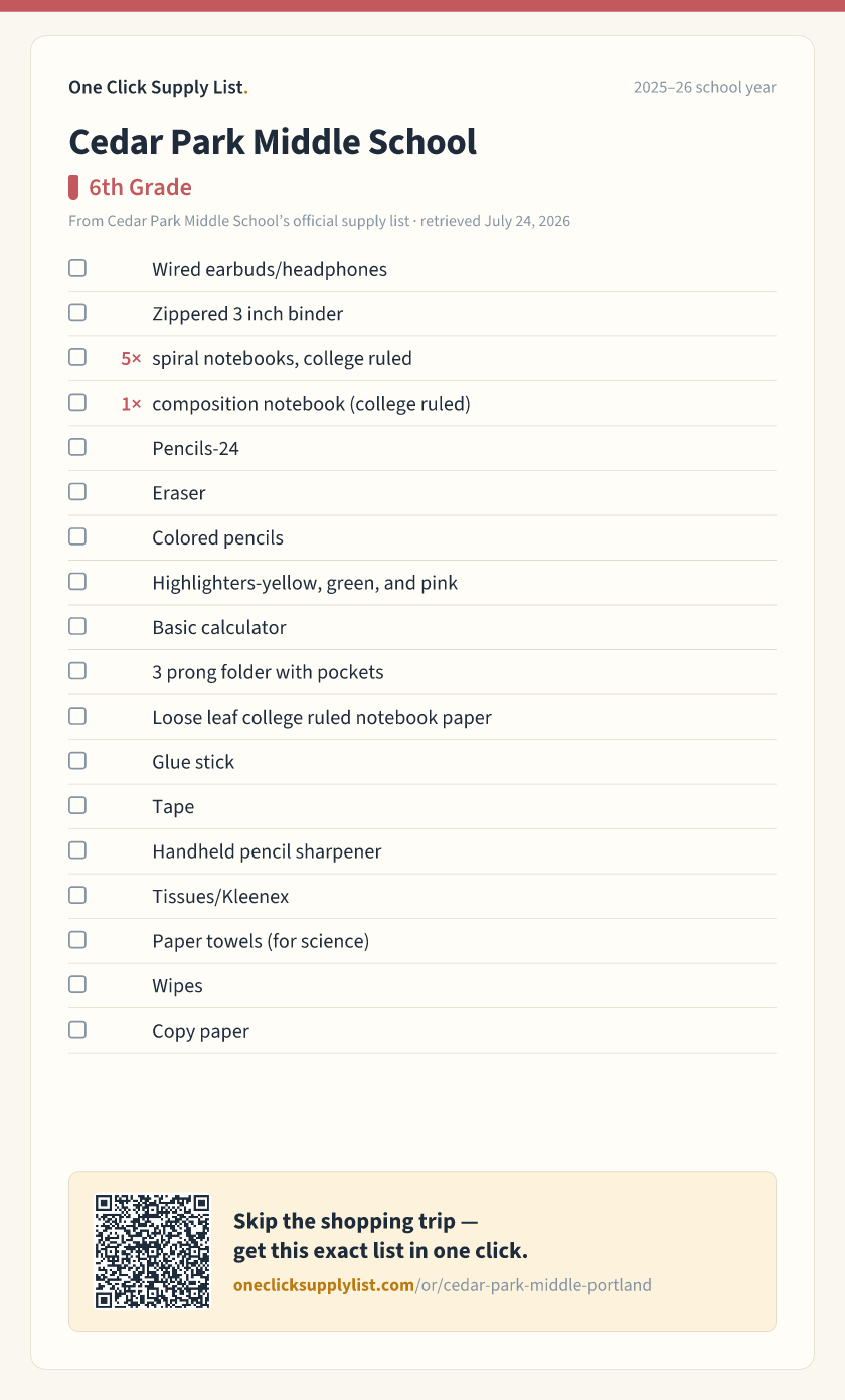 Cedar Park Middle School 6th Grade supply list — printable image