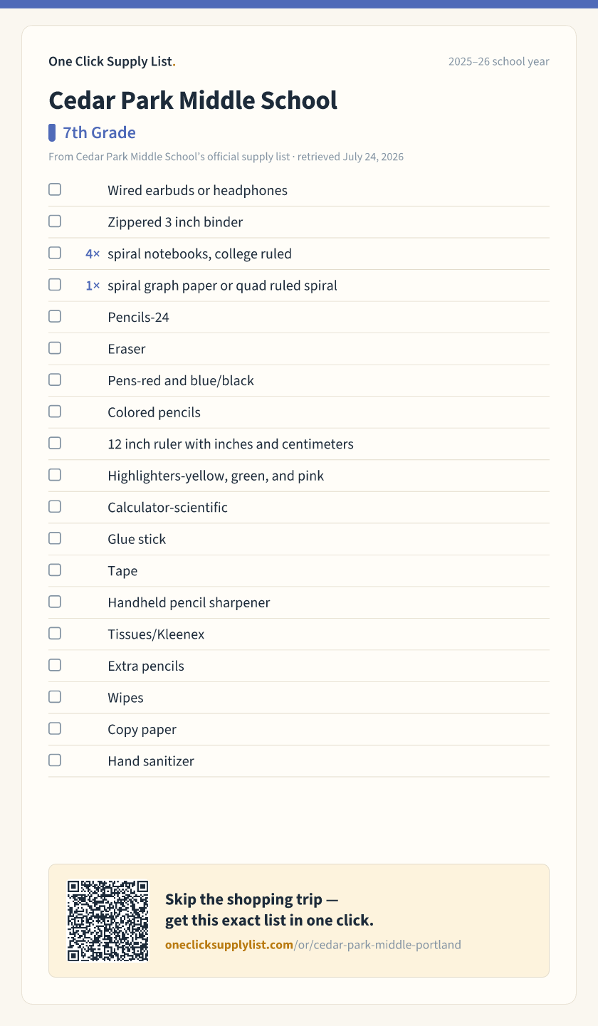 Cedar Park Middle School 7th Grade supply list — printable image