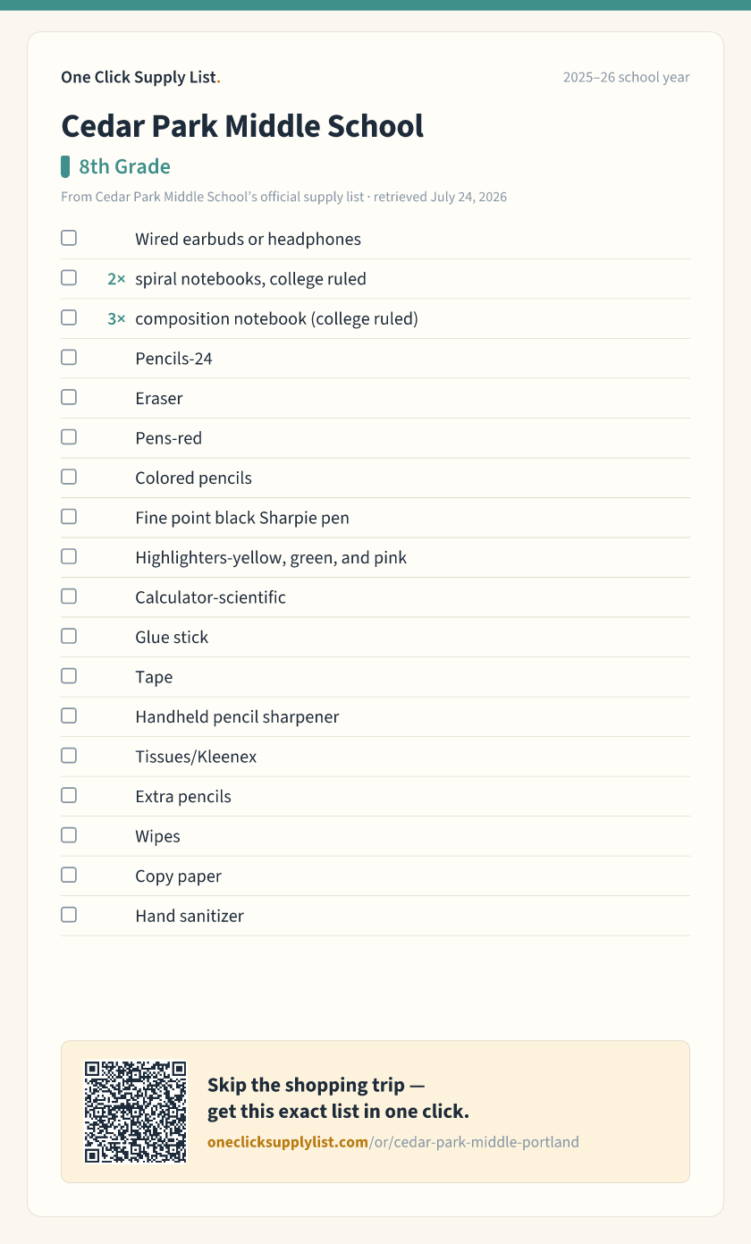 Cedar Park Middle School 8th Grade supply list — printable image
