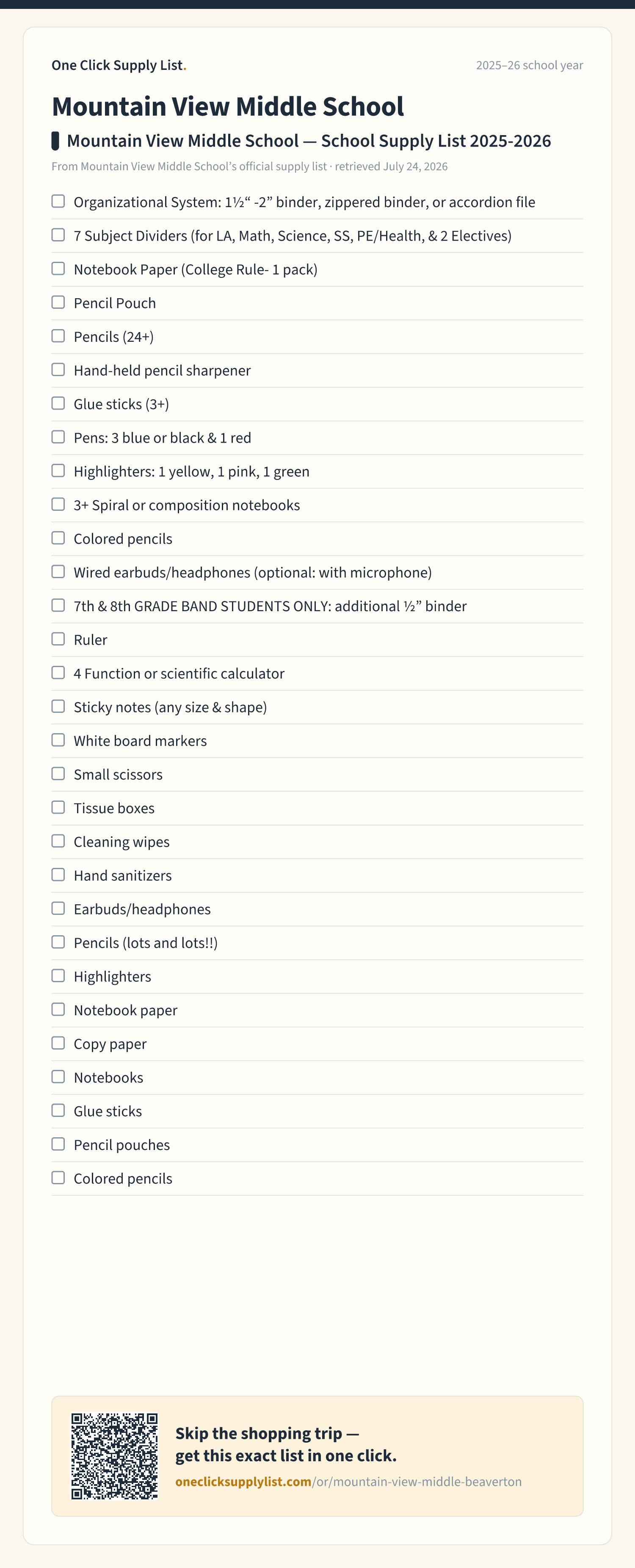 Mountain View Middle School Mountain View Middle School — School Supply List 2025-2026 supply list — printable image