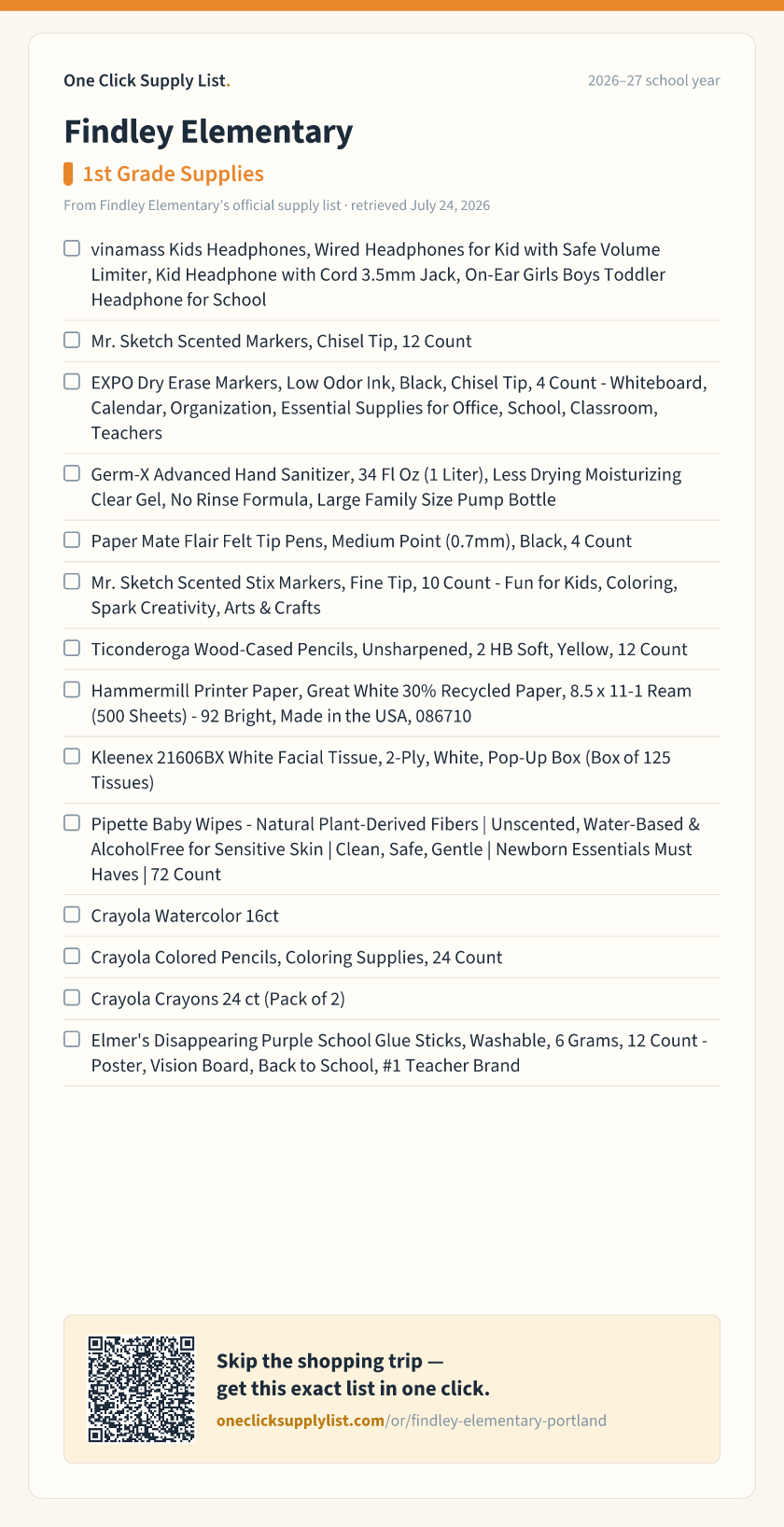 Findley Elementary 1st Grade Supplies supply list — printable image