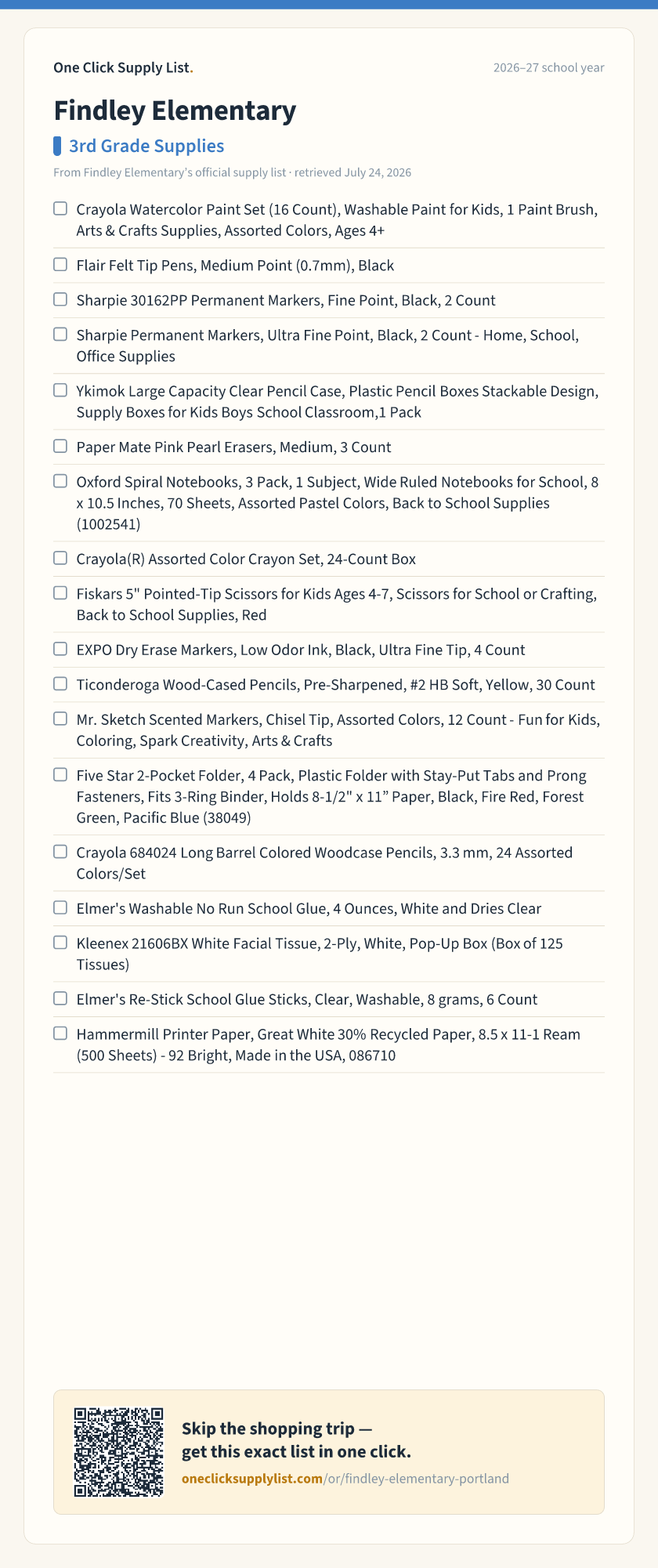 Findley Elementary 3rd Grade Supplies supply list — printable image
