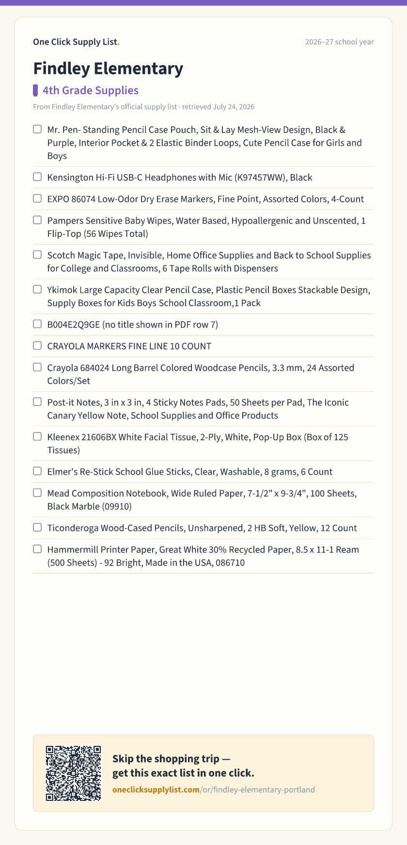 Findley Elementary 4th Grade Supplies supply list — printable image