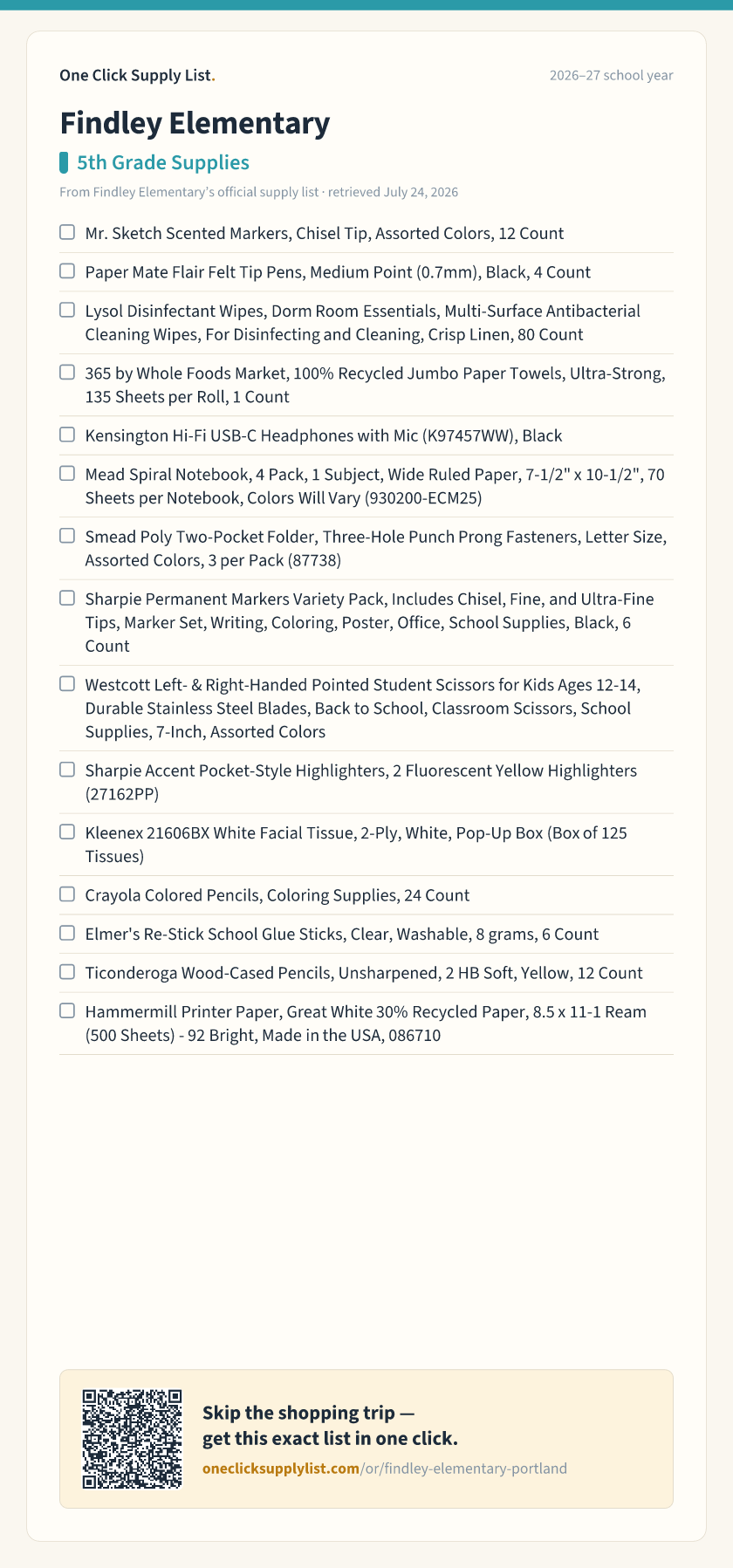 Findley Elementary 5th Grade Supplies supply list — printable image