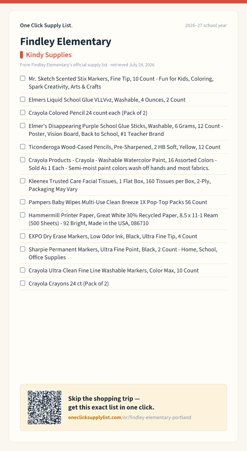 Findley Elementary Kindy Supplies supply list — printable image