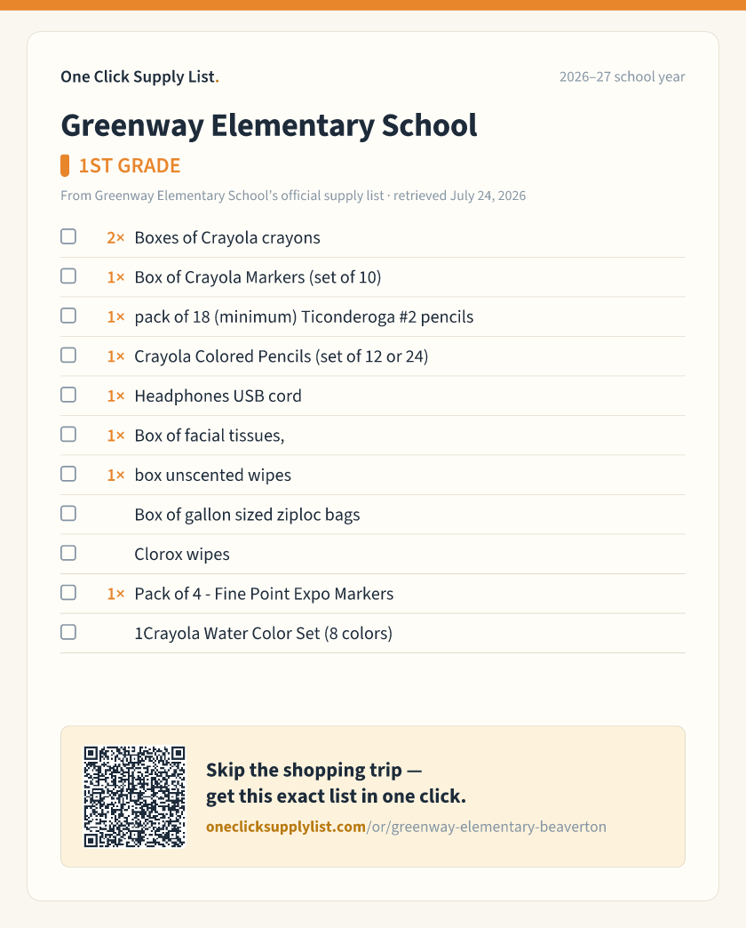 Greenway Elementary School 1ST GRADE supply list — printable image