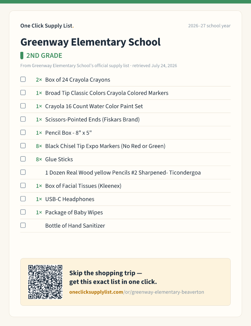 Greenway Elementary School 2ND GRADE supply list — printable image