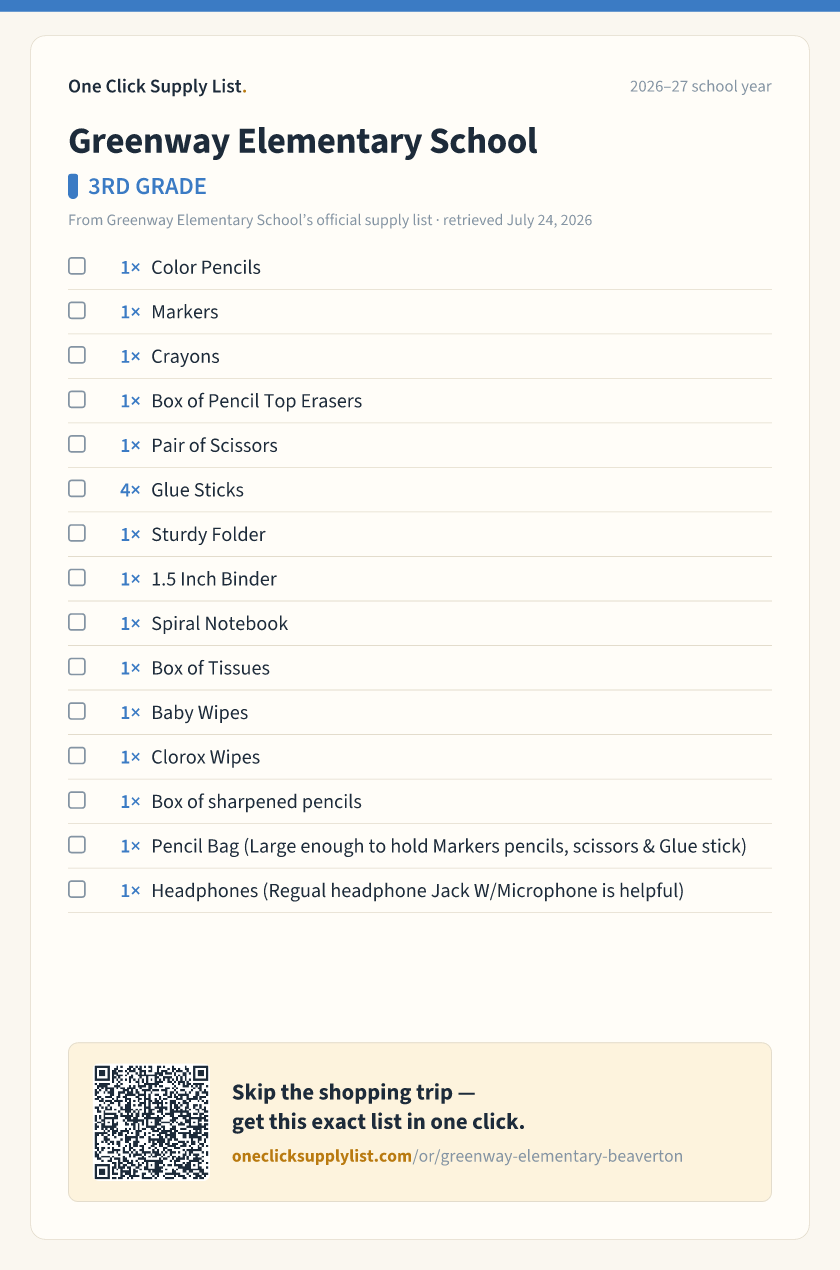 Greenway Elementary School 3RD GRADE supply list — printable image