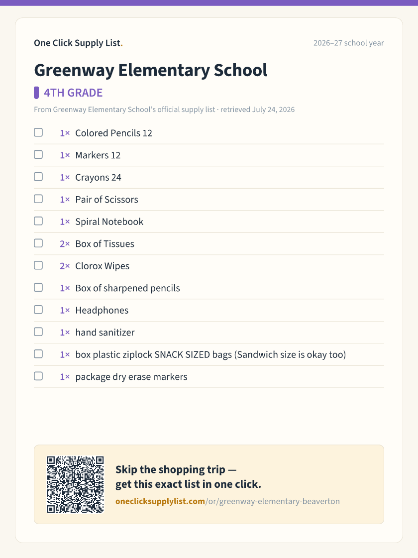 Greenway Elementary School 4TH GRADE supply list — printable image