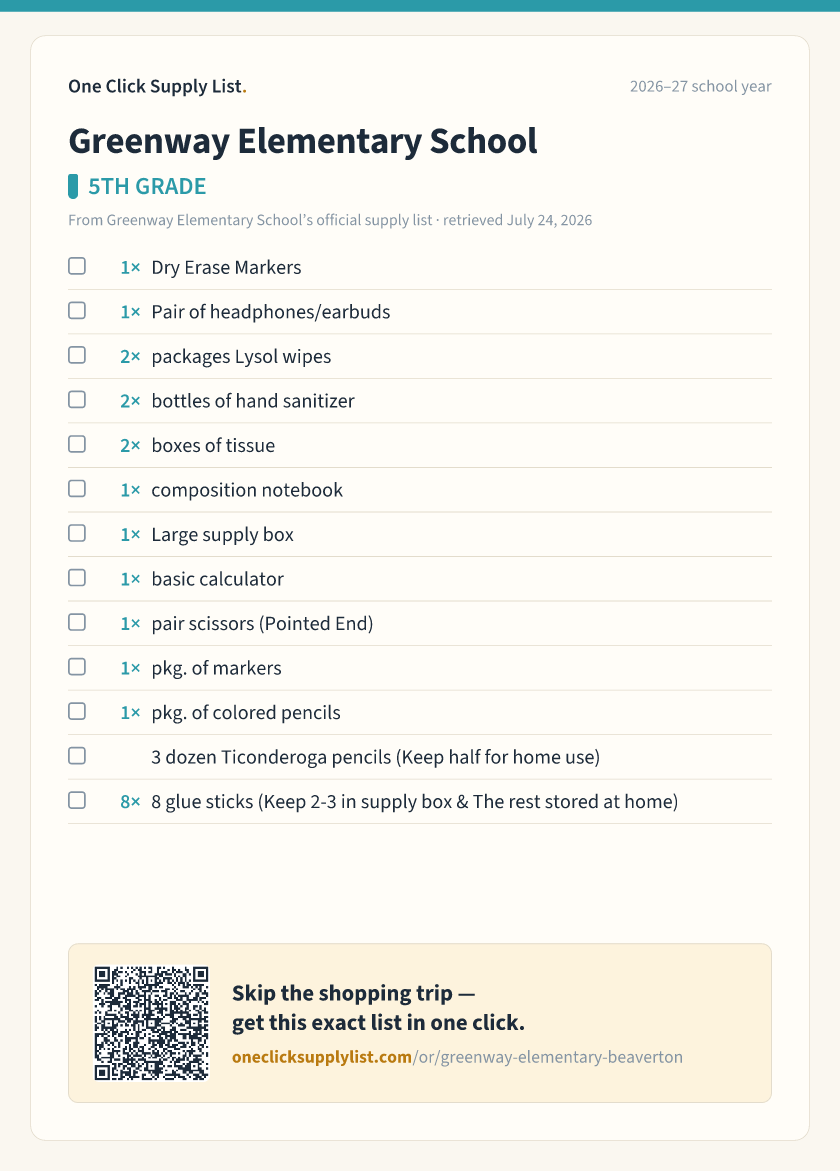 Greenway Elementary School 5TH GRADE supply list — printable image