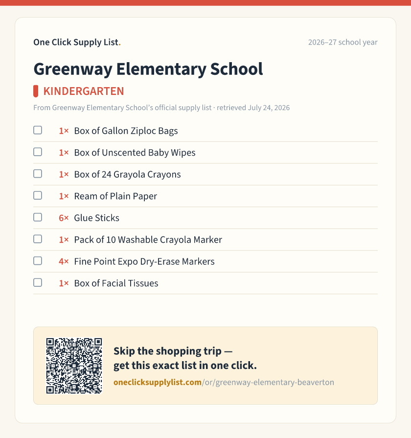Greenway Elementary School KINDERGARTEN supply list — printable image