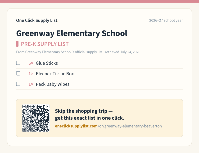 Greenway Elementary School PRE-K SUPPLY LIST supply list — printable image