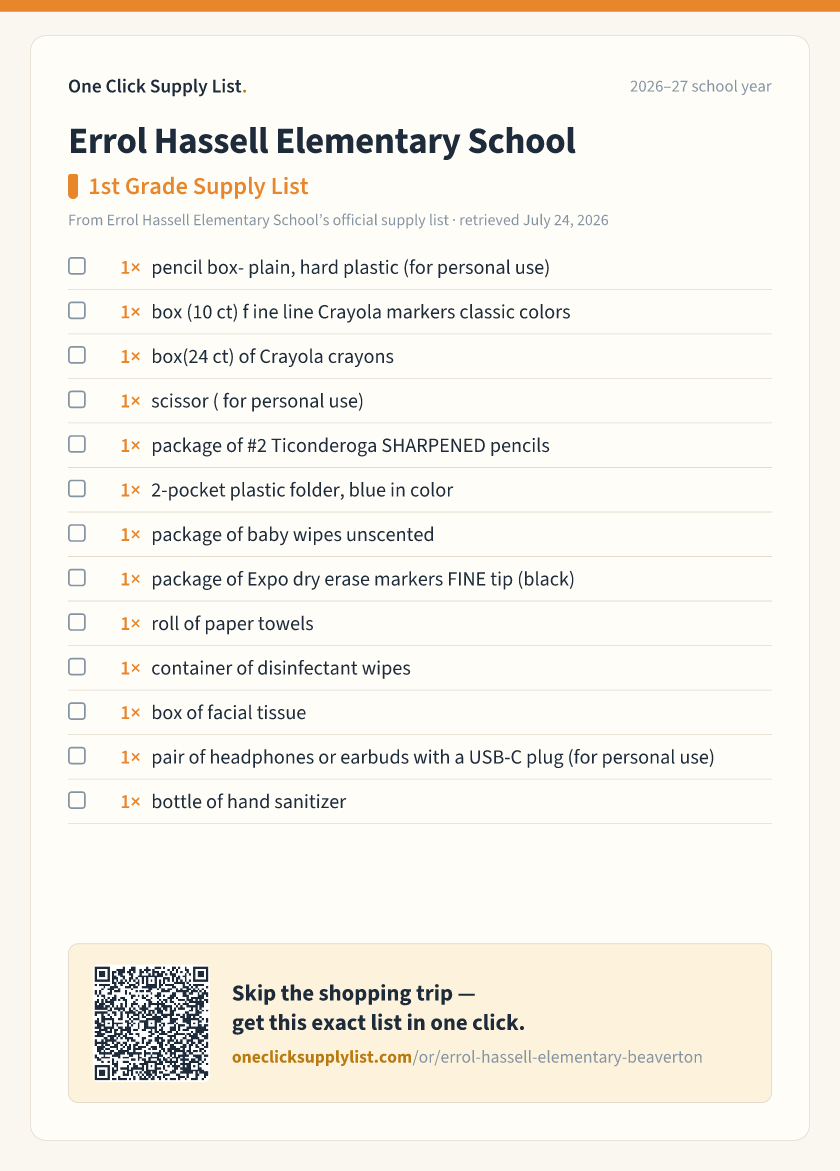Errol Hassell Elementary School 1st Grade Supply List supply list — printable image