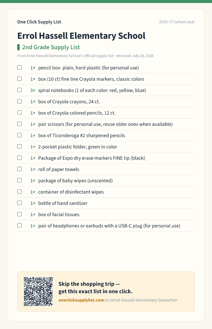 Errol Hassell Elementary School 2nd Grade Supply List supply list — printable image