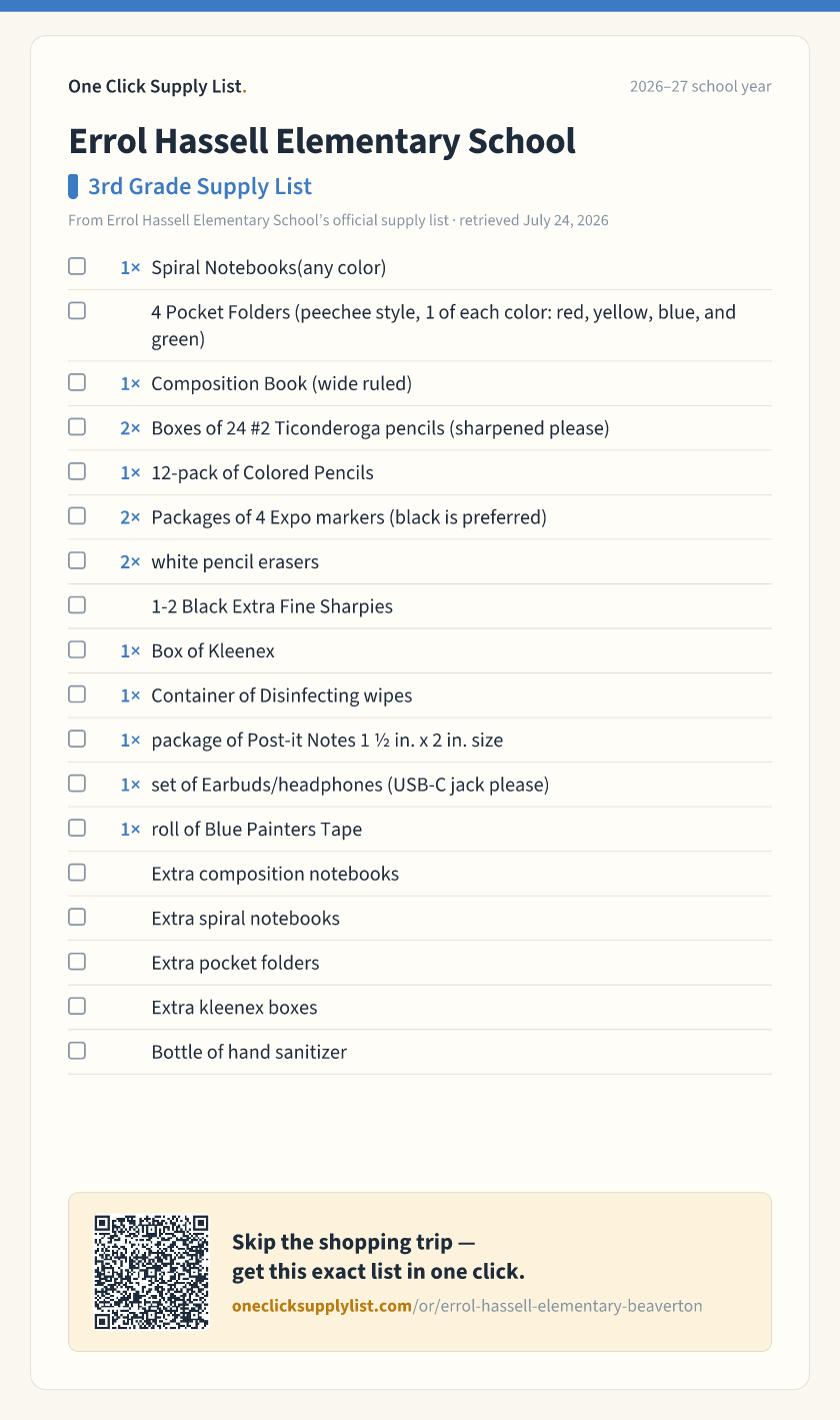Errol Hassell Elementary School 3rd Grade Supply List supply list — printable image