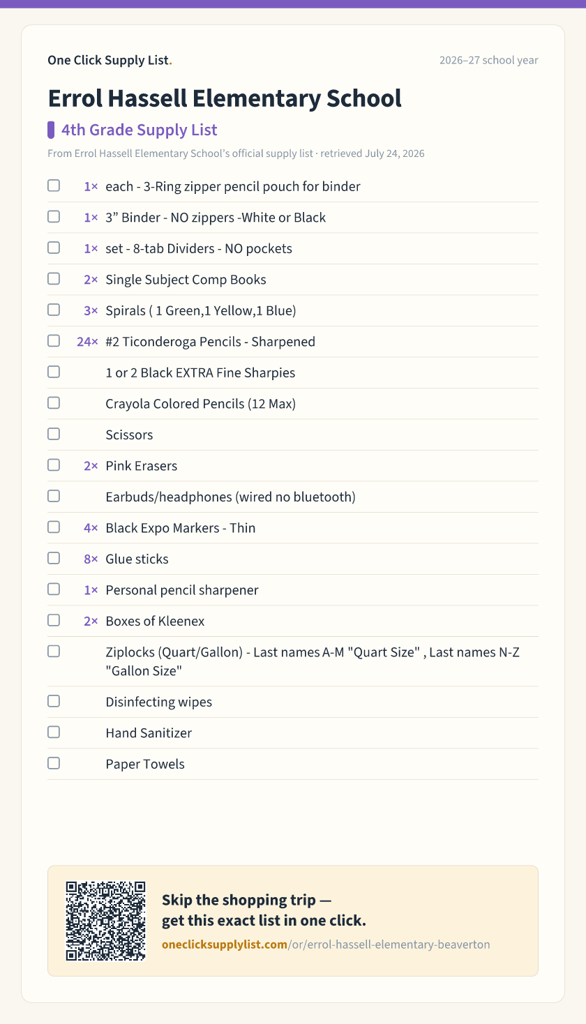 Errol Hassell Elementary School 4th Grade Supply List supply list — printable image