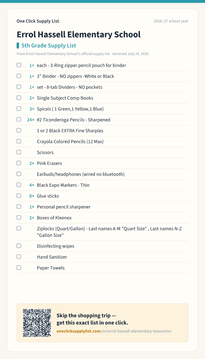 Errol Hassell Elementary School 5th Grade Supply List supply list — printable image