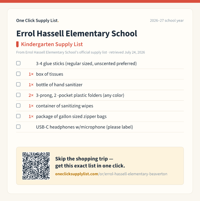 Errol Hassell Elementary School Kindergarten Supply  List supply list — printable image