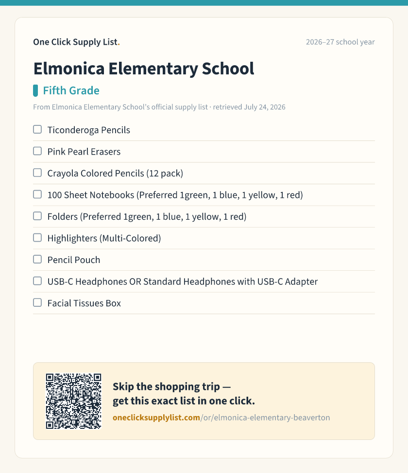 Elmonica Elementary School Fifth Grade supply list — printable image