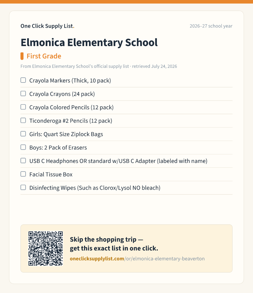 Elmonica Elementary School First Grade supply list — printable image